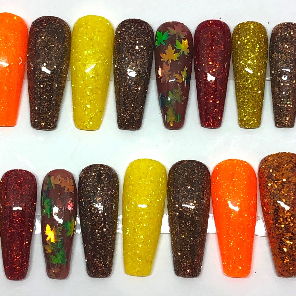 Handmade Custom Press on Nails Long Coffin UV Gel Glitter Metallic Fall Leaves - Picture 2 of 10